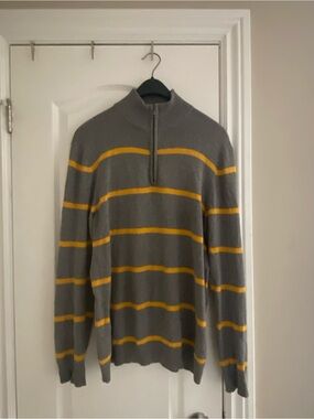 Old Navy Men's Gray Zip-Up Sweater with Yellow Stripe